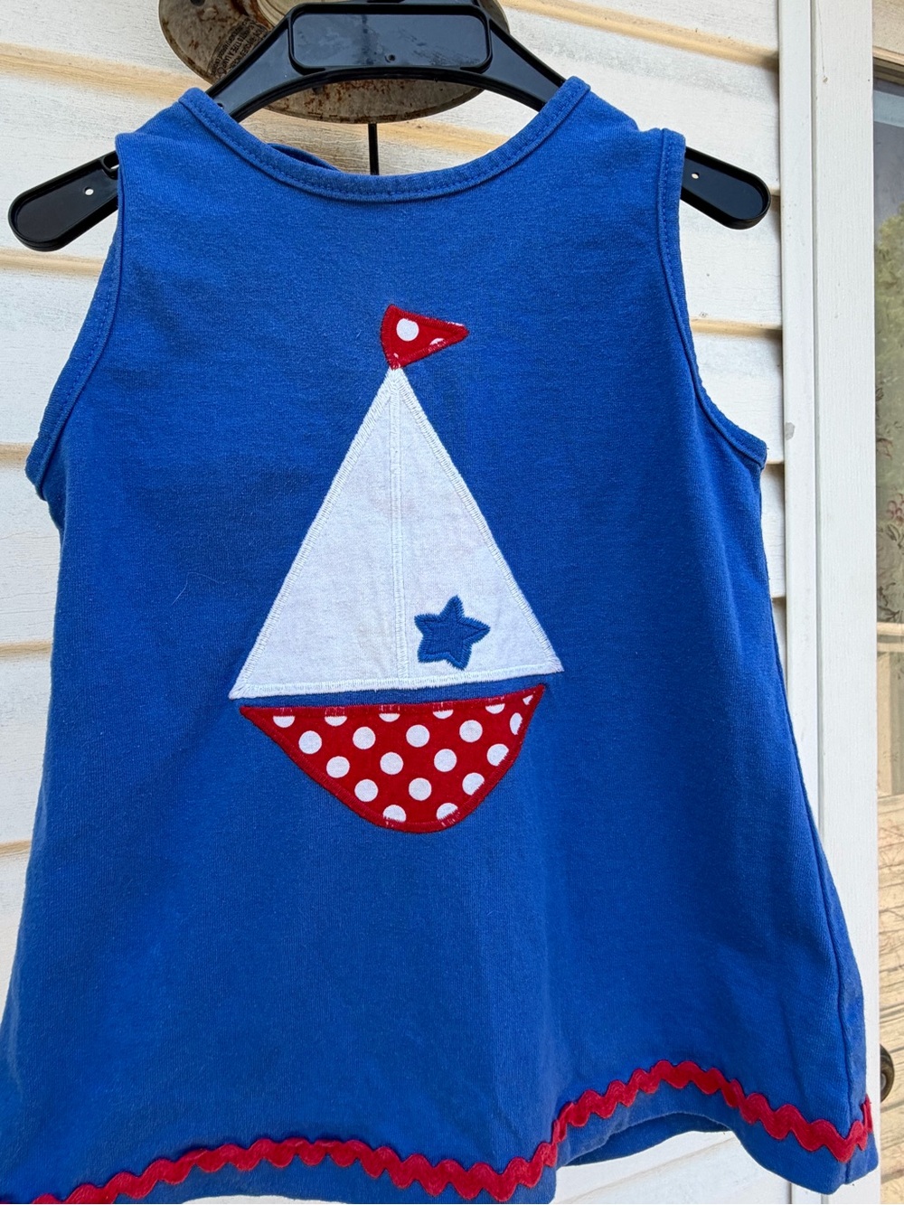 Girls' Blue Sailboat Appliqué Tank Dress with Red Trim